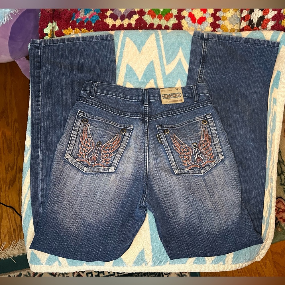 Y2K Vintage 2008 Vulcano Flared Jeans with embroidered wings on back pocket 28